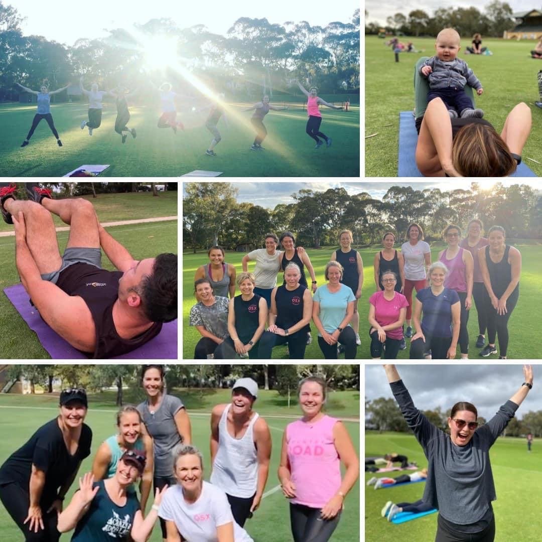 A photo collage showing OSX Personal Training members participating in outdoor fitness classes, including group bootcamps, star jumps at sunrise, and a mom-and-baby workout in Adelaide